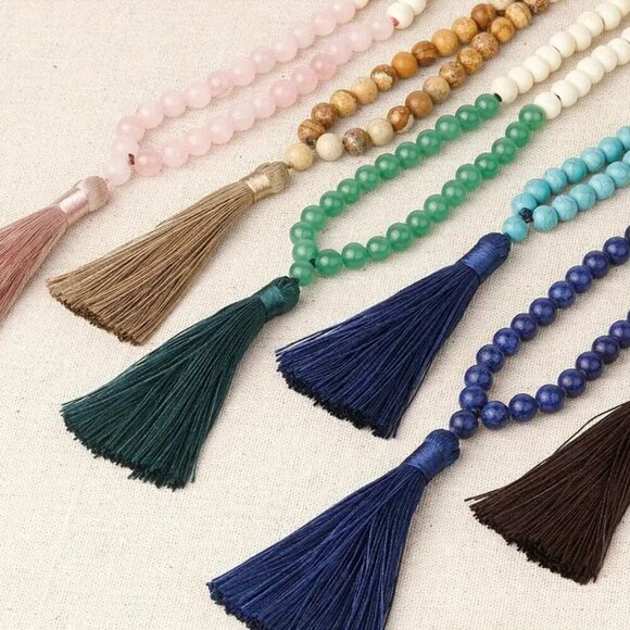Handmade Boho Tassel Necklace with Wooden & Pink Stone Beads – 34” Long #1504 - Picture 6 of 9